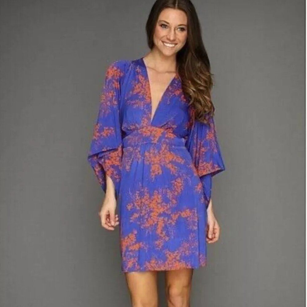 T Bags XS Blue Floral Kimono Mini Stretchy Dress Coquette Waist Tie Sexy Boho
